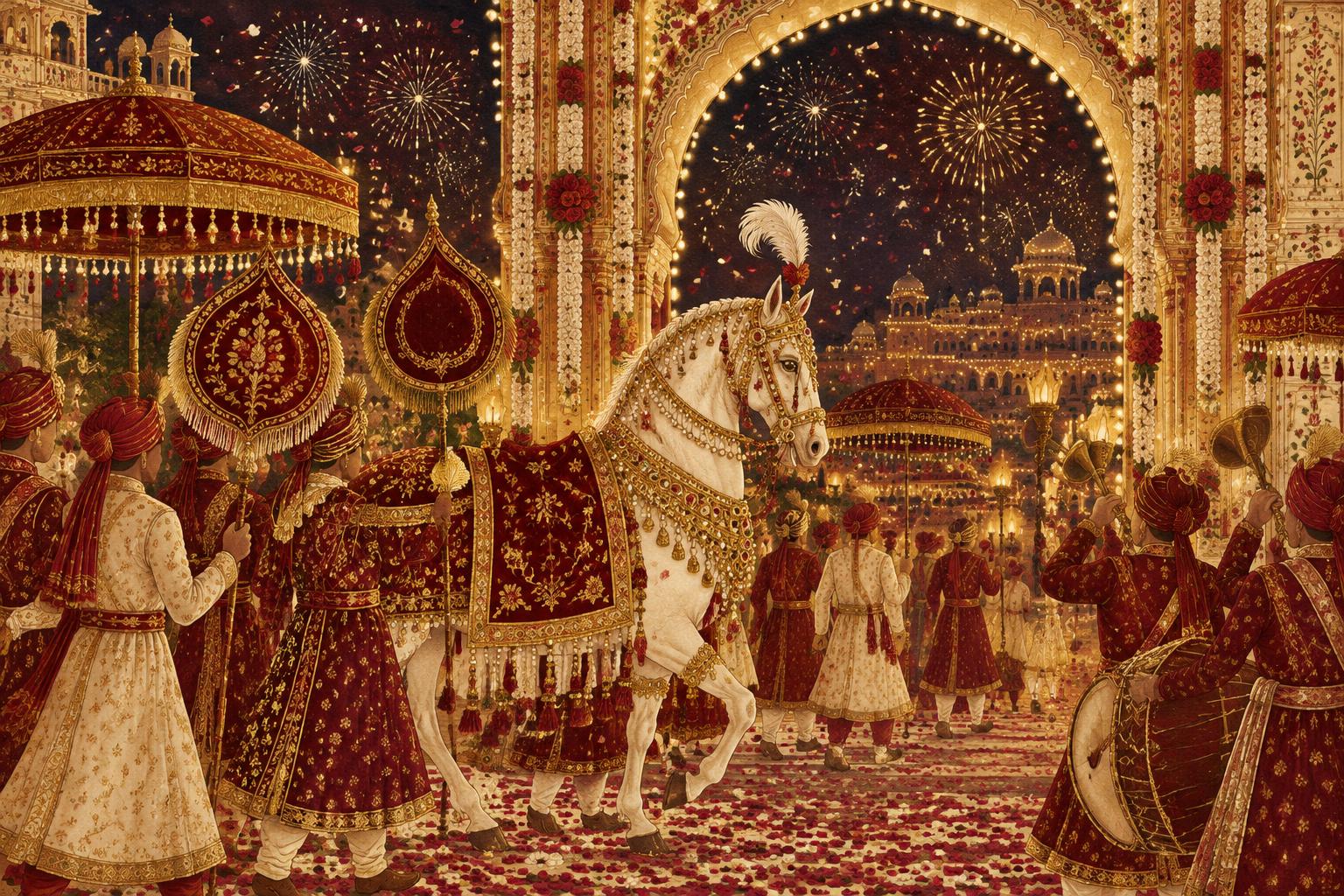 A royal baraat procession with a decorated white horse under glowing arches