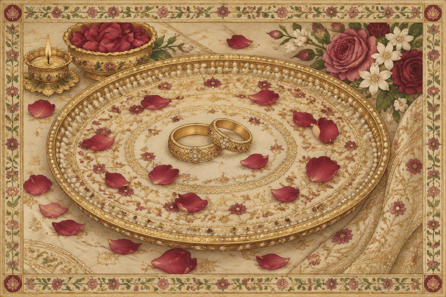 Golden wedding rings resting on an embroidered ceremonial thali with rose petals