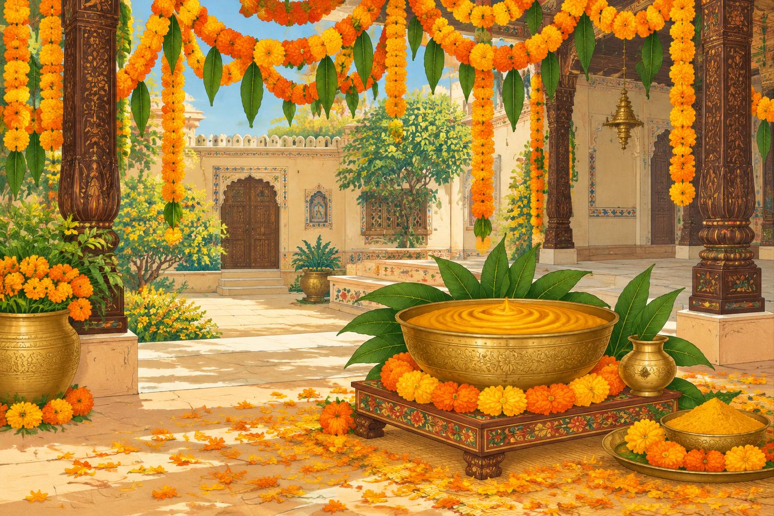 Marigold garlands and a brass bowl of haldi in a sunlit courtyard