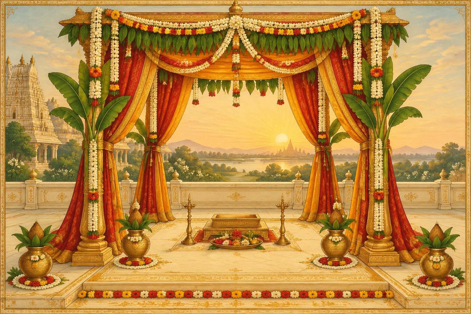 A sacred mandap with kalash, mango-leaf torans and morning sunlight