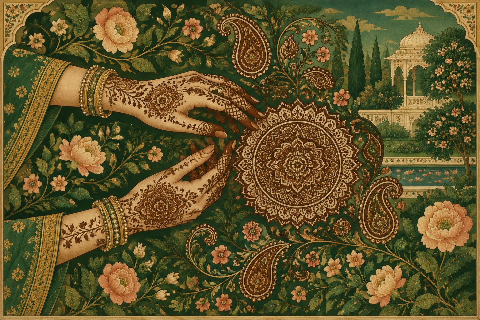 Hands adorned with intricate henna patterns among vines and paisley motifs