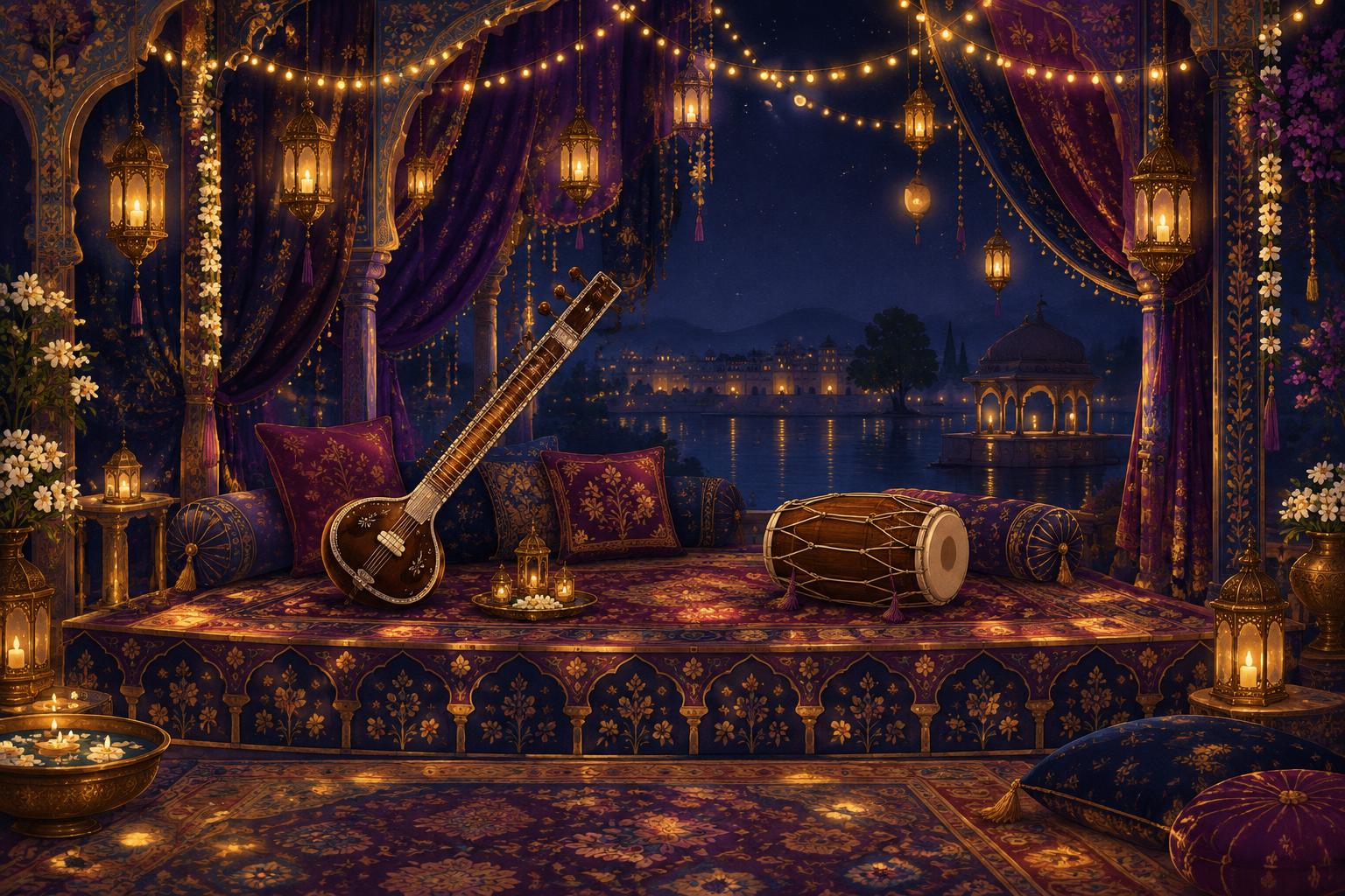 A midnight mehfil stage glowing with string lights, a sitar and a dhol
