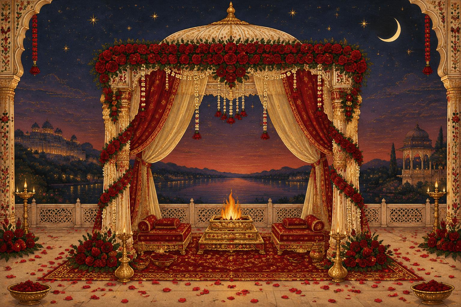 An ornate wedding mandap with crimson roses and a sacred fire under a starlit sky