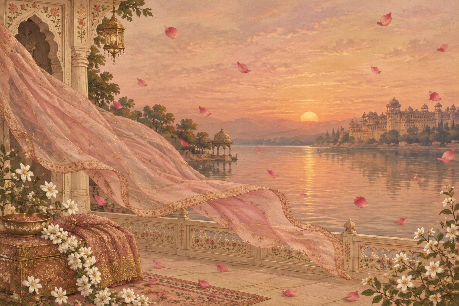 A soft sunset with a flowing blush dupatta and drifting rose petals over a lake