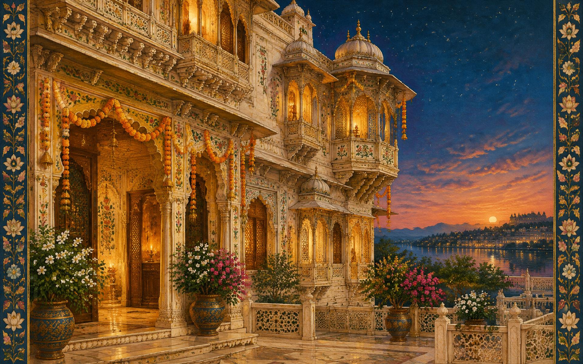An illustrated royal haveli entrance glowing at dusk